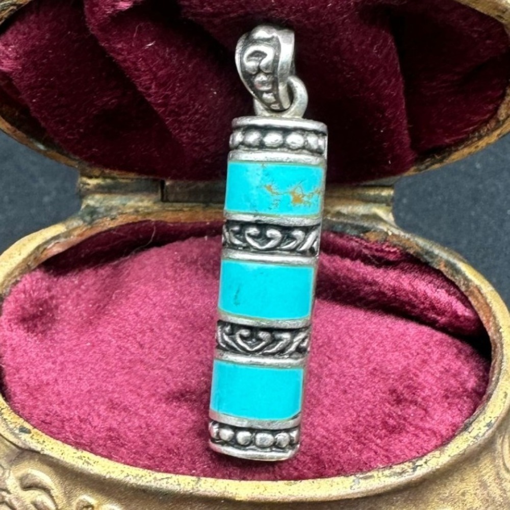 VTG Sterling Turquoise Bar Pendant With Scrollwork Bands and Raised Dot Borders